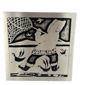 Etching Aluminum Wood Alaska Alaskan Eskimo Inuit Hunters, Wall Hanging, First Nations Art, Vintage, Ice Fishing Fisherman, Birds, Trivet