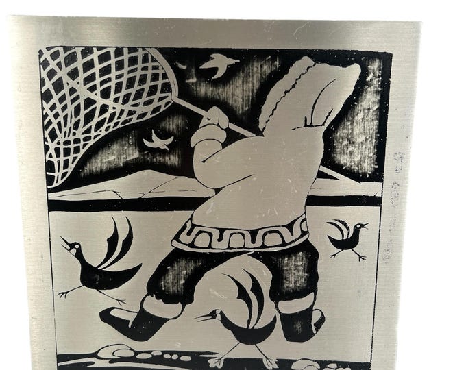 Etching Aluminum Wood Alaska Alaskan Eskimo Inuit Hunters, Wall Hanging, First Nations Art, Vintage, Ice Fishing Fisherman, Birds, Trivet