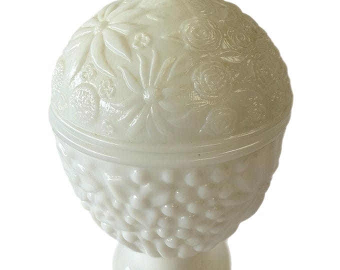 Vintage | Avon White Milk Glass | Footed Pedestal Egg Shaped Candy Dish with Lid | Cottage Core Granny Core | Flowers Floral | Wedding Decor