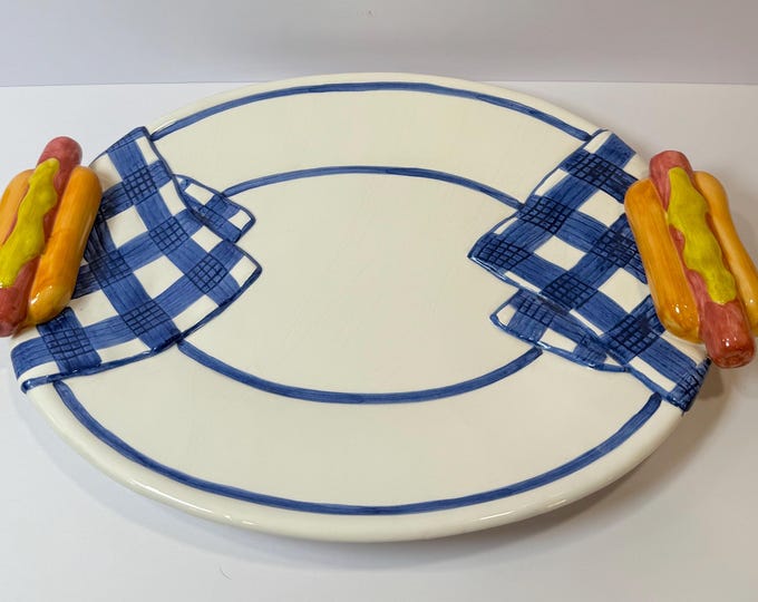 Hot Dog Serving Platter Plate Tray | Ceramic Lotus Hand Painted | Blue and White Gingham | Food, Summer July 4th Barbecue Picnic Party Decor