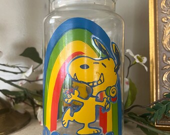 1965 Snoopy & Woodstock Vintage Goodies Jar Rainbow Theme Candy Cookies Treats Glass