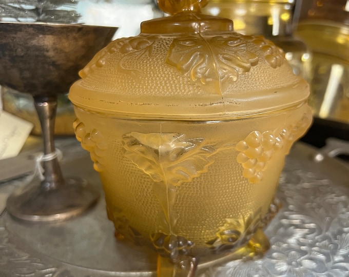 Vintage Jeanette Glass Candy Dish - Small, Amber Golden Footed Glass Dish with Grapes and Leaves