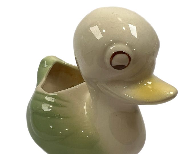 Duckling Planter Green Baby Duck Yellow Bill Big Brown Eyes, unmarked USA Pottery Likely Shawnee Pottery vintage 1940's to 50's Adorable