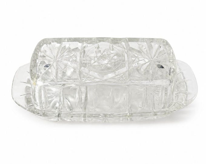 Covered Butter Dish Clear Glass Anchor Hocking Star Of David American Prescut 1/4 LB Replacement Kitchenware Glassware Vintage Refirgerator
