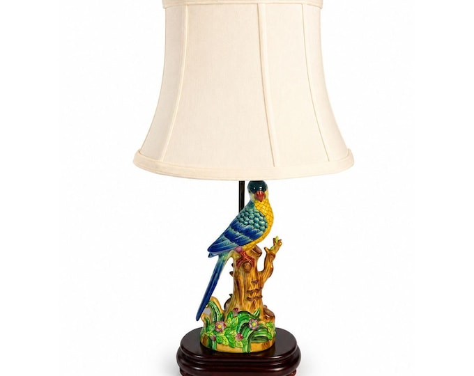 Lamp Porcelain Parrot on Stand Mottahnedeh Style Wildwood Vintage Silk Shade Brass Arm Table Lighting Chinoiserie Traditional Home Decor