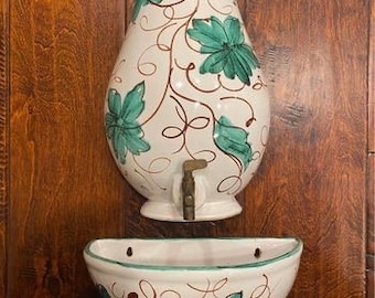 Vintage | Italy | Pottery | Hand painted | Numbered | Green | Brass Spigot |  Wall Lavabo | IWG NY