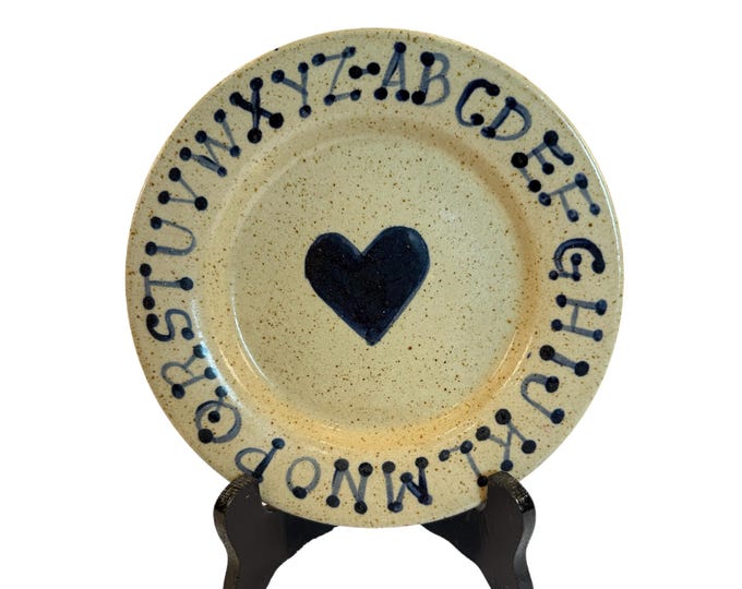 Vintage Primitive | Baby Plate | Three Rivers Pottery | Blue | Heart | ABCs | Farmhouse Cottage Core Granny Core | Decorative Accents
