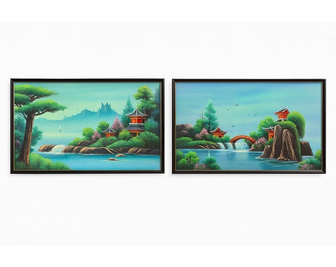Oriental Oil Painting Pair Hand Painted Korean Landscape Art Bridge Pagoda Vibrant Colors Mid Century Wall Art Home Decor Decorative Accents