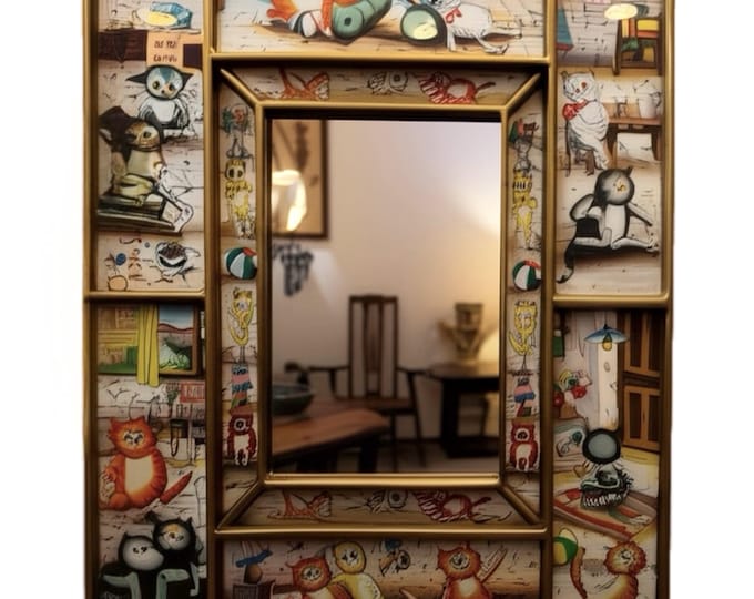 Reverse Painted Glass Mirror | Peruvian Peru World Market | Hand Painted Cat Kitten Art Framed Gold | Unique Wall Decor Hangings Decorative