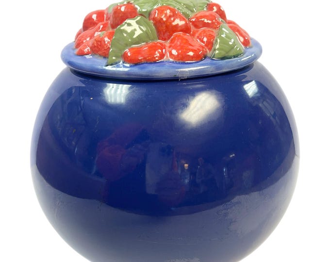 Vintage Fiesta Kitchen Kraft Covered Ball Cookie Jar - Large - Cobalt BLUE - Lid with Strawberries not original - RARE - Farmhouse