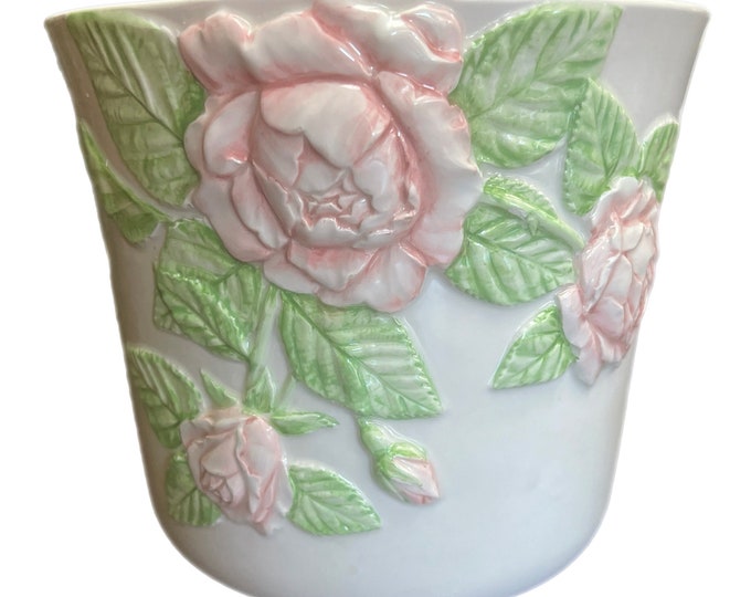 Mid 20th Century | Large Vintage Italian Roses | Majolica Vase Planter Jardine Pot | Raised Hand painted | Pink Green