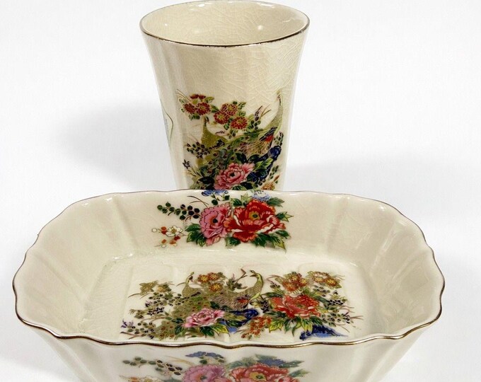 Bathroom Set Cup Soap Holder Kutani Japanese Peacock Chrysanthemum Imperial Japan Hand Painted Okura Oriental Sink Decor Vintage