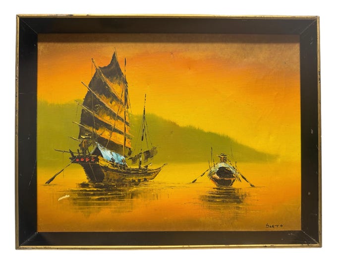 Original Drip Oil Painting | Chinese Asian Fishing Boats signed by Artist Saeto |Vintage Mid Century Orange Green | Wall Decor Framed Art