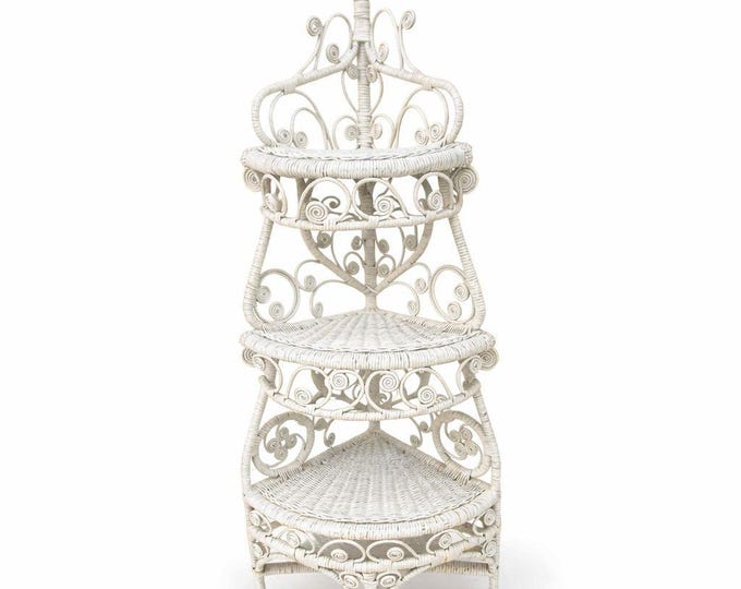 Rattan WIcker Corner Floor Shelf Peacock Scroll Vintage Coastal Boho Cottage Core Bathroom Bedroom Versitile What Not Trinket Figurine Plant