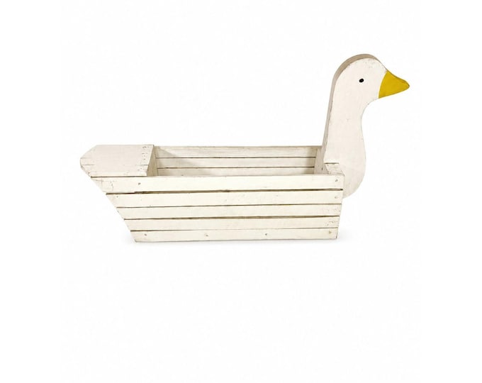 Wooden Duck Planter Basket Handmade Hand Painted Vintage Goose White Plant Holder Home Decor Farmhouse Primitive Cottage Granny Core