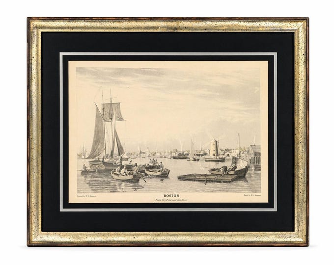 Framed Lithograph Print Boston From City Point Near Sea Street W J Bennett Matted Vintage Wall Home Decor Decorative Accents Harbor Painting