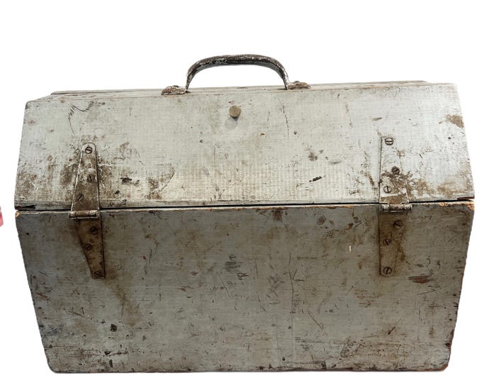 Antique Carpenters Wood Tool Box Caddy - Vintage Country Collectible - Handmade - Storage - Primitive - Country Handled | Hinged - Silver