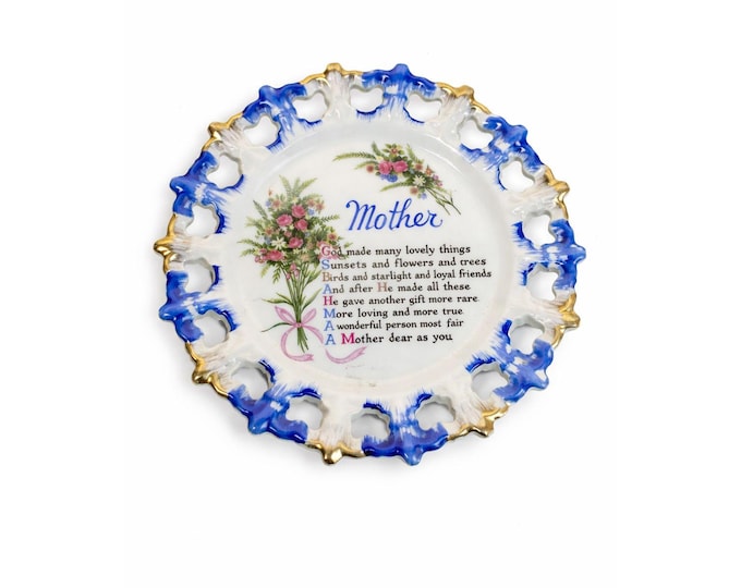 Gallery Wall Plate Sentimental Mother Poem Porcelain Floral Scalloped Pierced Edge Vintage Hand Painted  Aquality Products Kitschy Gift