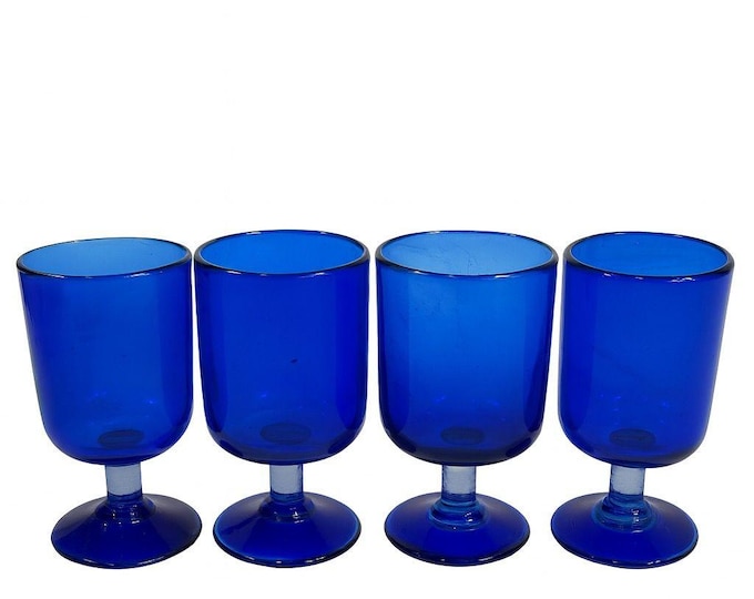 Hand Blown Cobalt Blue Wine Glasses | Set 4 Stemmed Glassware Collectible Barware Artisanal craftsmanship | Wedding Gift Hostess Party