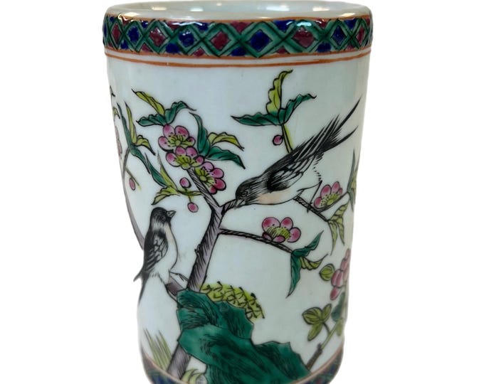 Famille Rose Brush Pot | Qing Dynasty Tongzhi |  Flower and bird pattern |  Pastel vase | Hand Painted Chinoiserie Asian | Decorative Accent