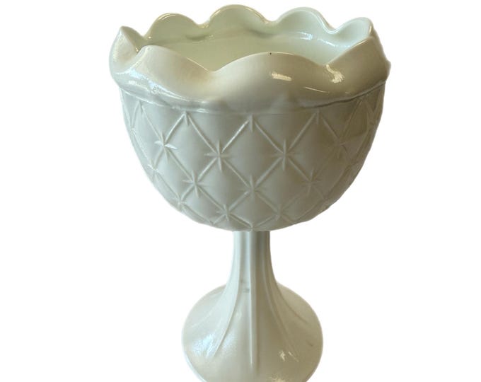 Vintage |  Indiana Milk Glass  | Duette Diamond Quilt Pattern | Footed Compote Vase Bowl | White | Cottage Core Granny Core | Ruffled Edge