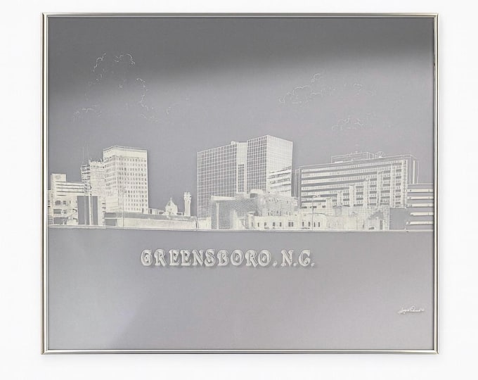 Framed Wall Art | Greensboro NC Skyline 1986 | Hand painted on Glass Metal Frame | Vintage Artist Signed Home Decor North Carolina Triad
