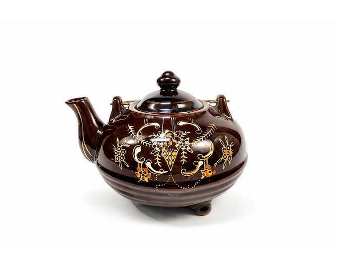 Pottery Tea Pot Metal Wire Handle Redware Japan Moriage Hand painted Brown Betty Footed Floral Collectible Kitchenware Granny Cottage Core