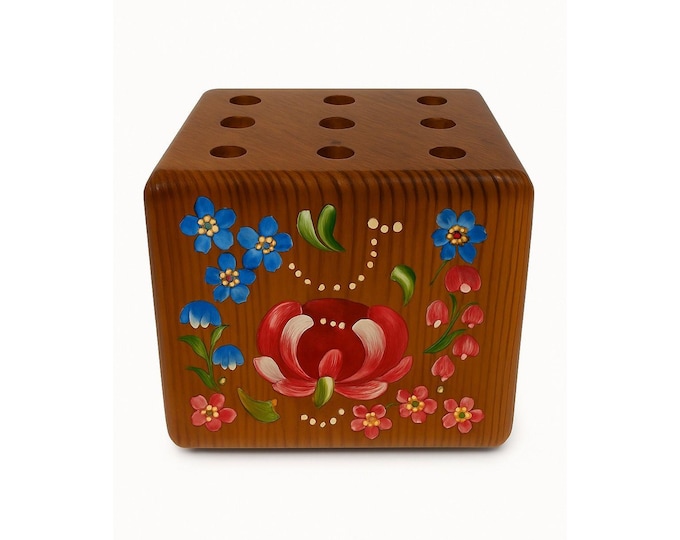 Pencil Pen Block Holder Hand Painted Wood Artisan for Desktop Signed Folk Art Floral Cottage Granny Core Desk Accessories Wooden Vintage