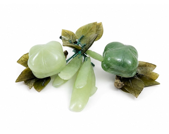 Hand Carved Jade Stone Fruit Stem Flowers Leaves Set 3 Vintage Mid-Century Modern Chinese Oriental Home Decor Decorative Accents Wood Base