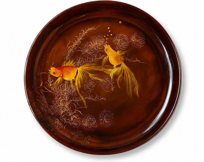 Gallery Wall Plate Lacquerware Than Le Koi Fish Floral Vintage Asian Vietnamese Lacquer Hand Painted Home Decor Decorative Accents