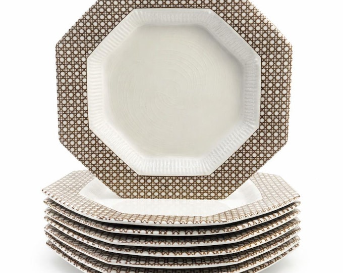 Dinner Plates Set 8 Independence Ironstone Interpace Lattice Cane Wicker Rattan Brown White Japan Replacement China Grand Millennial