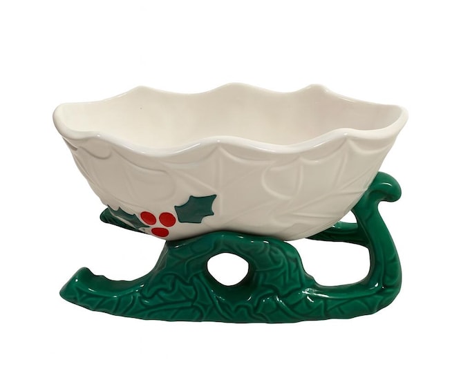 Sleigh Planter Candy Dish Bowl Christmas Porcelain Inarco Mid Century Vintage Holiday Decor I Green Holly Hand Painted Made in Japan