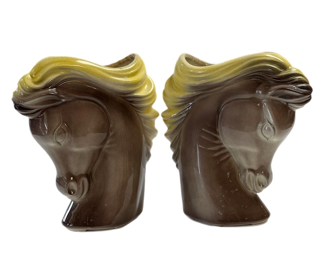 Horse Head Vases Planters Bookends | Royal Copley Ceramic Pottery Hand painted | Pair Set 2 | Home Office Shelf Decor | Decorative Accents