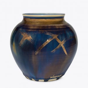 Drip Glaze Vase | Ed Weintraub Signed Vintage 1992  | Polychrome Nouveau PsychedelicPurple Blue Crystalline Gold Accents Coastal Tie Dye