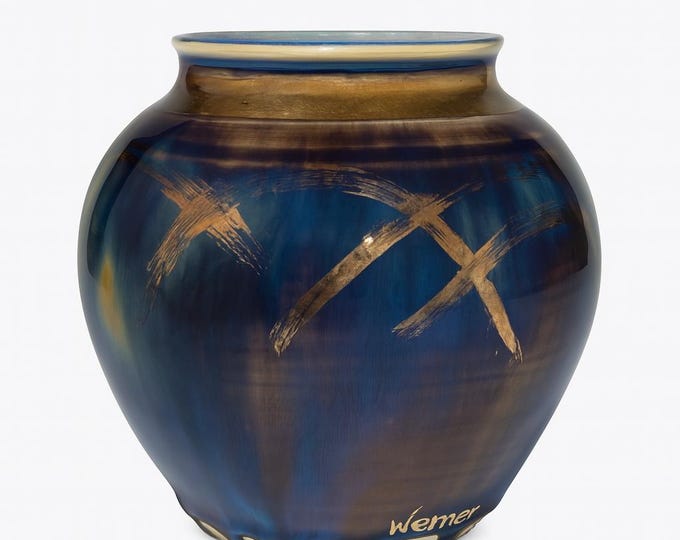 Drip Glaze Vase | Ed Weintraub Signed Vintage 1992  | Polychrome Nouveau PsychedelicPurple Blue Crystalline Gold Accents Coastal Tie Dye