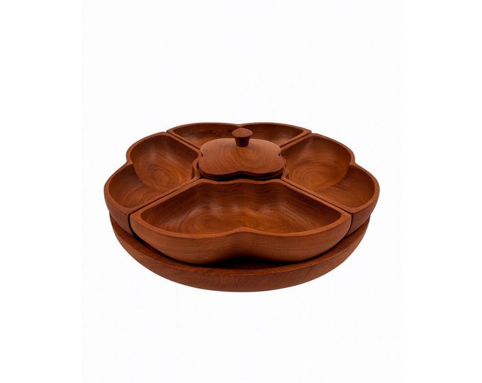 Wood Salad Chip Dip Bowl Lazy Susan Butterfly Vintage Mid-Century Monkey Pod Wodden Serving Pieces Servingware Kitchenware Hostess Gift