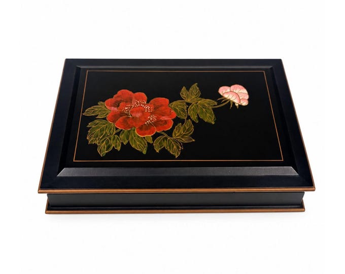 Jewlery Box Embossed Flowers Chinoiserie Oriental Boudoir Table Home Decor Black Matte Storage Organization