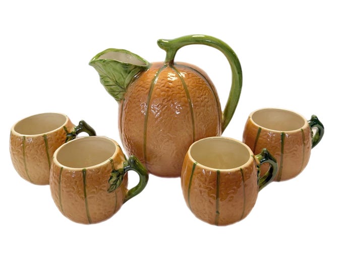 Five Piece | The Haldon Group | Ceramic Cantelope Shaped Pitcher and 4 Melon Cups with Handles | Breakfast Kitchen Decor | Hostess Party