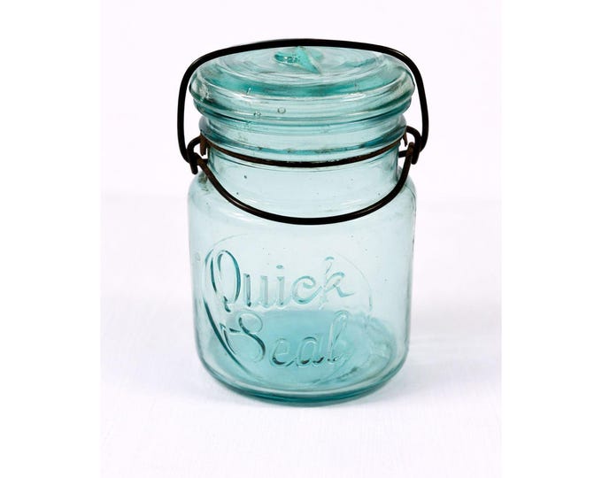 Canning Fruit Jar Quick Seal Ball Pint Size Wire Bail Aqua Blue Bubble Glass Lid Turquiose Vintage 1908 Antique Farmhouse Primitive Granny