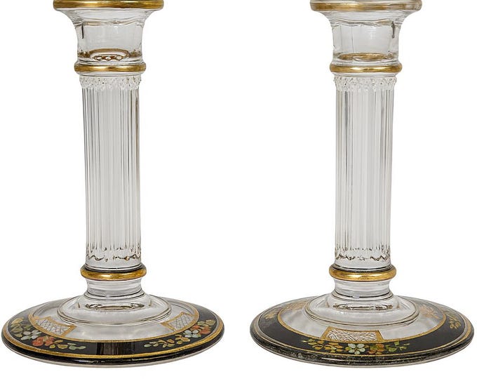 Candle Holder Candlestick Set Westmoreland Glass Co Collectible | Vintage Art Deco Panel Optic Enamel Hand Painted Floral Detail Home Decor