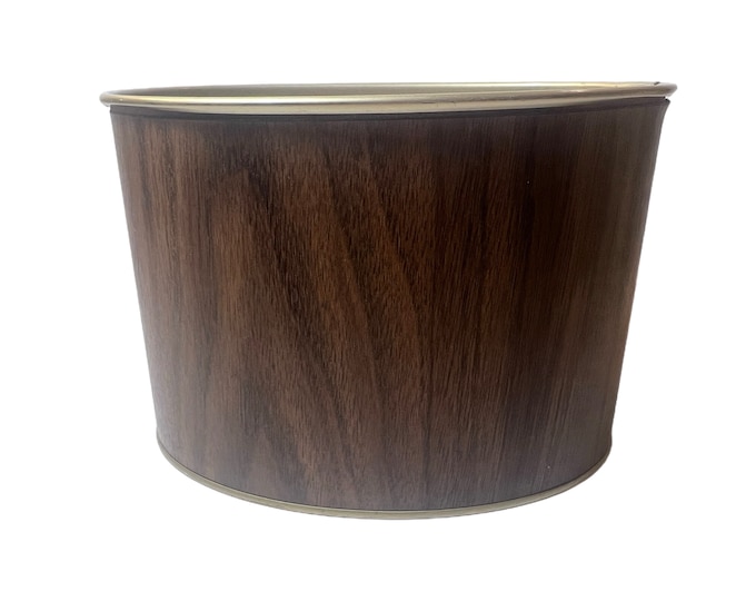 Letter Caddy Desk Trash Can Waste Basket | Vintage Mid Century Metal Desk Top Accessories Wood Grain | Office Organization Desktop Dumpster