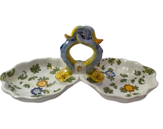 Vintage Cantagalli Cockerel Signed Italy Italian Majolica | Divided Server | Dolphin Handle Serving Dish | Coastal Granny Grand Millennial