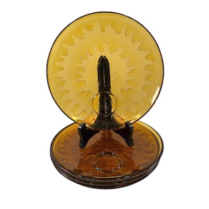 Vintage Indiana Glass Sunburst Snack Plates | Set 4 | Amber Orange | Mid Century Kitschy Retro | Dinnerware  Party Plates | Hostess Set