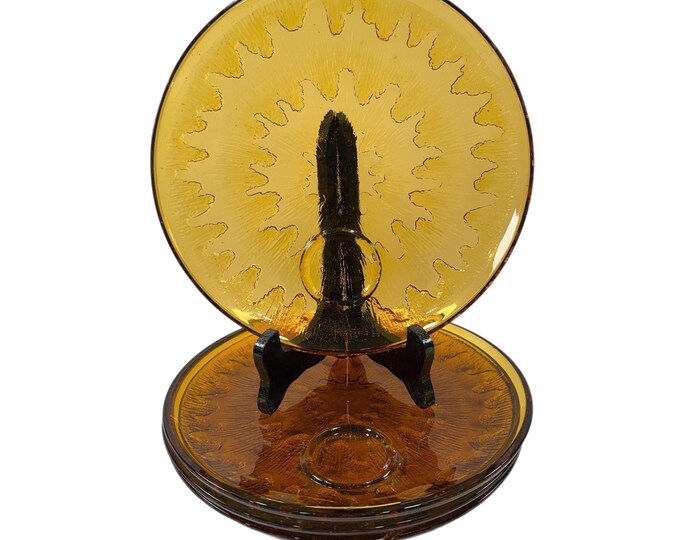 Vintage Indiana Glass Sunburst Snack Plates | Set 4 | Amber Orange | Mid Century Kitschy Retro | Dinnerware  Party Plates | Hostess Set