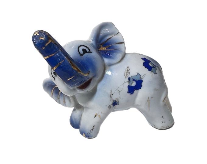 Vintage Porcelain Elephant Miniature Figurine Trinket | Blue White | Flowers
