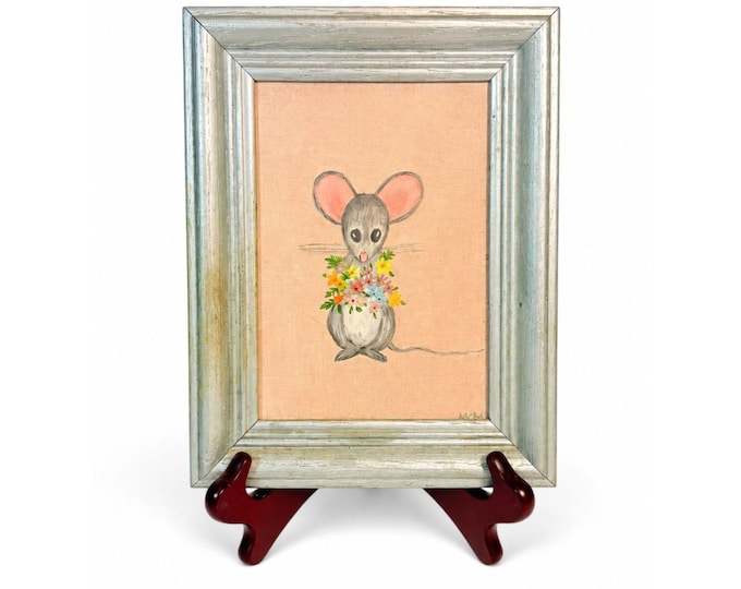 Oil Painting Mini Mouse with Flowers Vintage Mid Century Hand Painted Wall Gallery Kitchy Art
