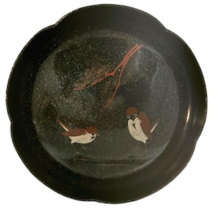 Lacquered Decorative Bowl Trinket Catchall | Vintage Black Japanese Viking Import Lacquerware | Birds Tree | Mid Century Retro Couroc style