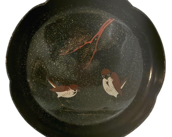 Lacquered Decorative Bowl Trinket Catchall | Vintage Black Japanese Viking Import Lacquerware | Birds Tree | Mid Century Retro Couroc style