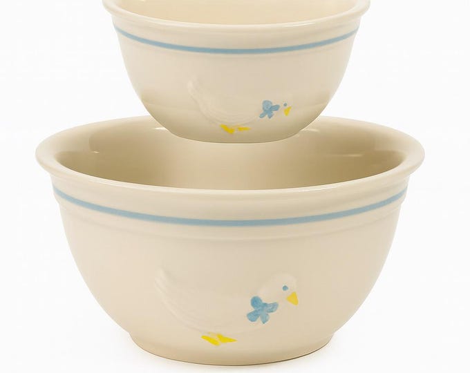 Pottery Nesting Mixing Bowls | Embossed Country Geese Taiwan | Set 2 Vintage Granny Cottage Core Farmhouse Primitive Kitchen Decor Ceramic