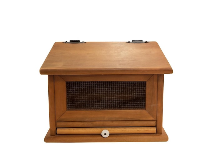 Wooden Bread Box Solid Handmade Wood Cut Out Cutting Board Mesh Wire Door Box Farmhouse Primitive Kitchen Storage Decor Cottage Granny